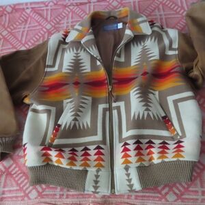 VTG RARE MADE IN USA PENDLETON WOOL WITH LEATHER SLEEVES FULL ZIPP JACKET SZ XL